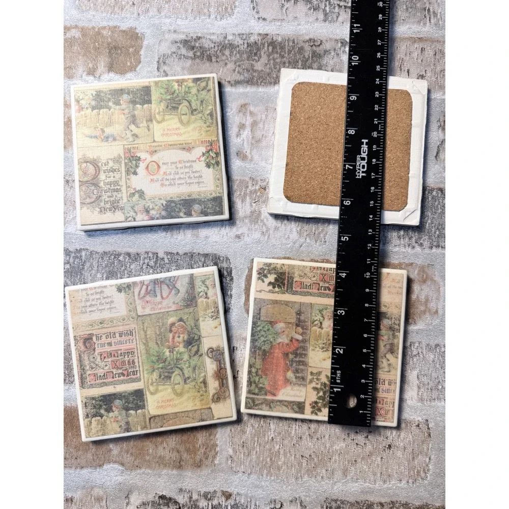 Vintage Style Christmas Coasters Set of 4 Ceramic Cork Back Holiday Decor 4x4